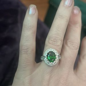 Diamonique Oval Green Emerald Halo Sterling Silver Ring